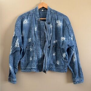 Free People Blue Distressed Jean Jacket